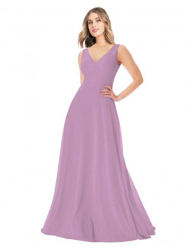 Achat Lavande foncée Trapèze Col V Mousseline Longue Robes demoiselle d'honneur