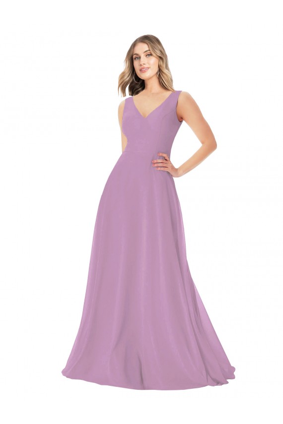 Achat Lavande foncée Trapèze Col V Mousseline Longue Robes demoiselle d'honneur