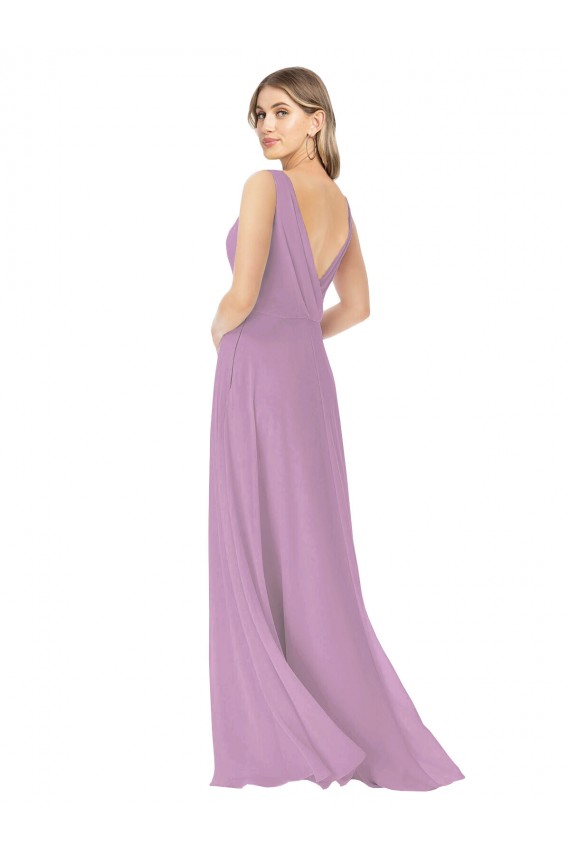 Achat Lavande foncée Trapèze Col V Mousseline Longue Robes demoiselle d'honneur
