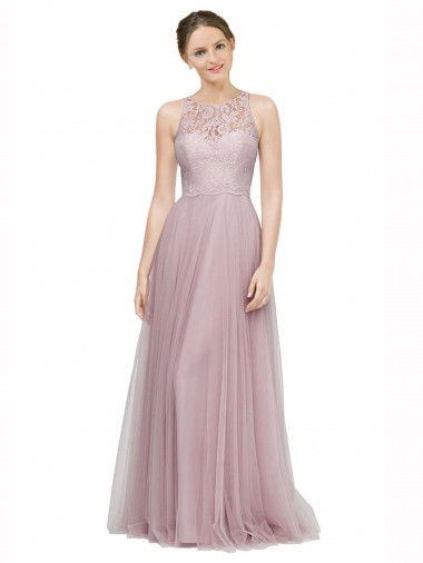 Achat Light Lilac Trapèze Tulle Dentelle Longue Robes demoiselle d'honneur