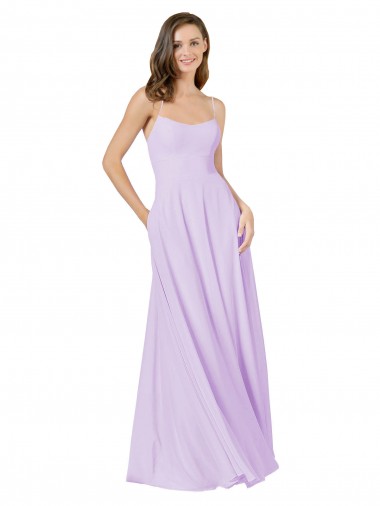 Achat Lilas Trapèze Bretelles spaghetti Col Carré Mousseline Longue Robes demoiselle d'honneur