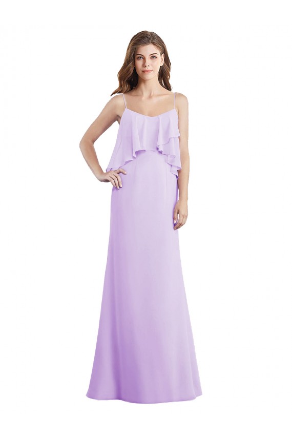 Achat Lilas Trapèze Bretelles spaghetti Scoop Mousseline Longue Robes demoiselle d'honneur