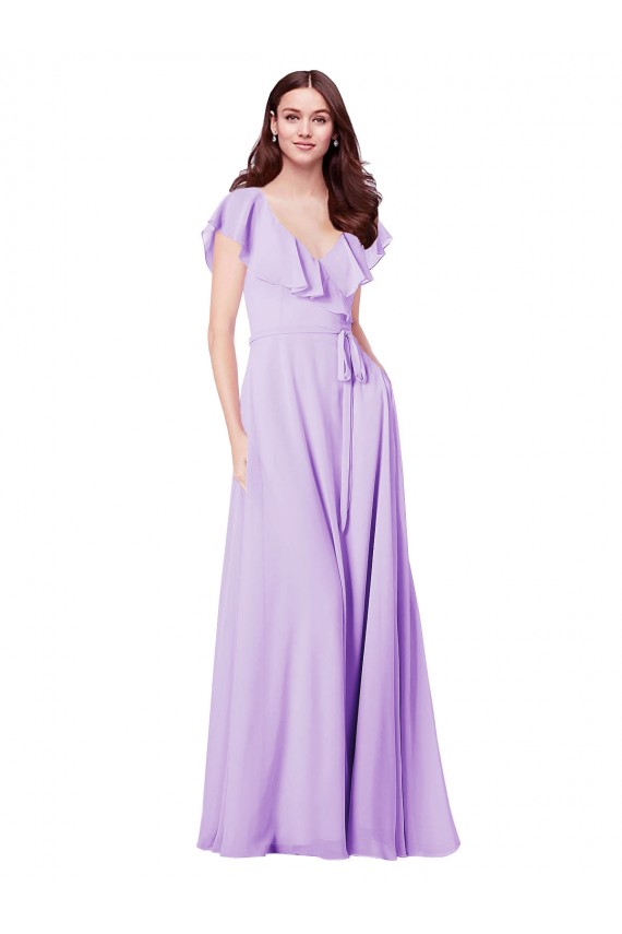 Achat Lilas Trapèze Col V Mousseline Longue Robes demoiselle d'honneur