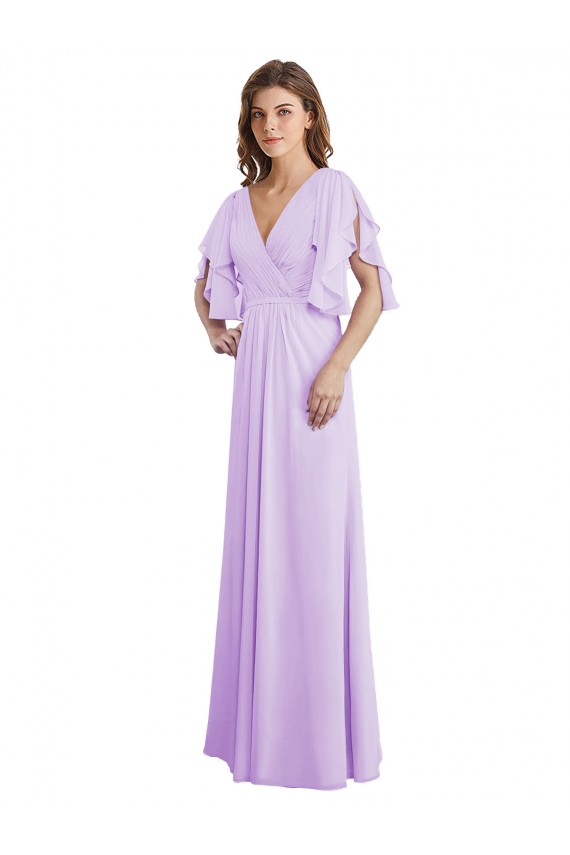 Achat Lilas Trapèze Col V Mousseline Longue Robes demoiselle d'honneur