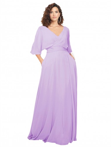 Achat Lilas Trapèze Col V Mousseline Longue Robes demoiselle d'honneur
