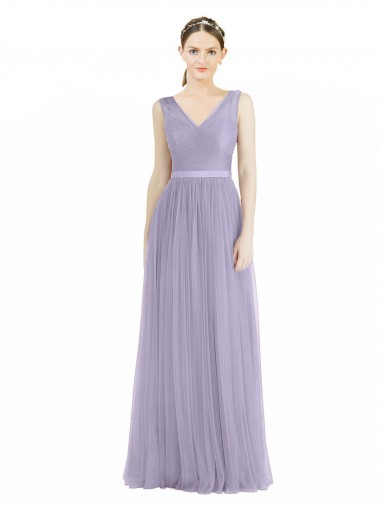 Achat Lilas Trapèze Col V Tulle Longue Robes demoiselle d'honneur