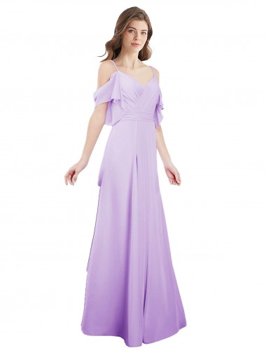 Achat Lilas Trapèze Épaule Dénudée Bretelles spaghetti Mousseline Longue Robes demoiselle d'honneur
