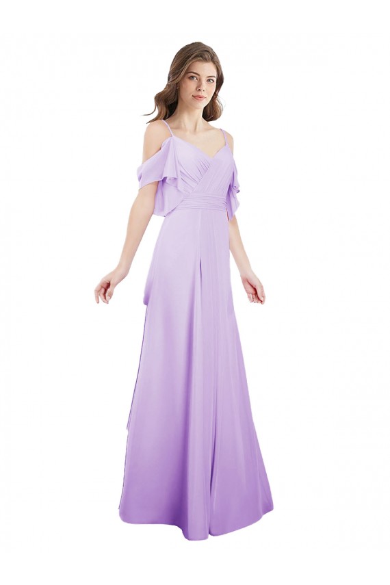 Achat Lilas Trapèze Épaule Dénudée Bretelles spaghetti Mousseline Longue Robes demoiselle d'honneur