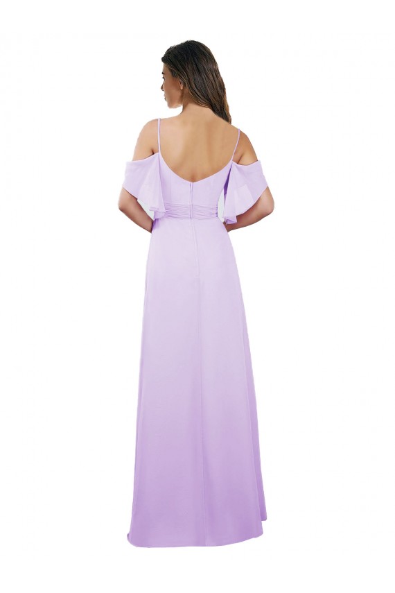 Achat Lilas Trapèze Épaule Dénudée Bretelles spaghetti Mousseline Longue Robes demoiselle d'honneur