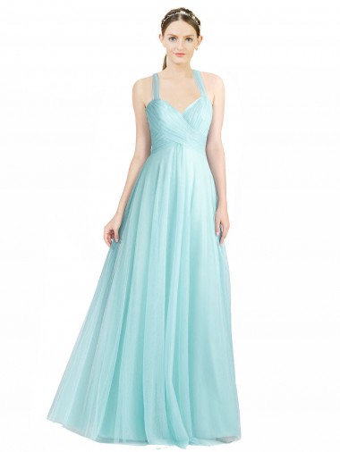 Achat Menthe verte Trapèze Bretelles spaghetti Tulle Longue Robes demoiselle d'honneur