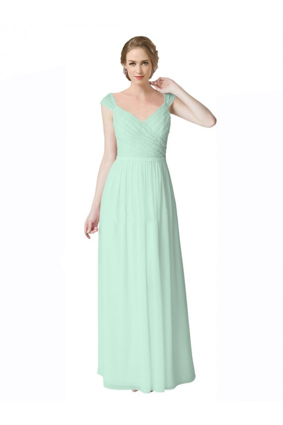 Achat Menthe verte Trapèze Col V Mousseline Dentelle Longue Robes demoiselle d'honneur