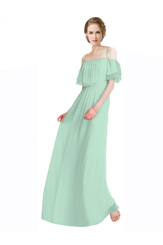 Achat Menthe verte Trapèze Épaule Dénudée Bretelles spaghetti Mousseline Longue Robes demoiselle d'honneur