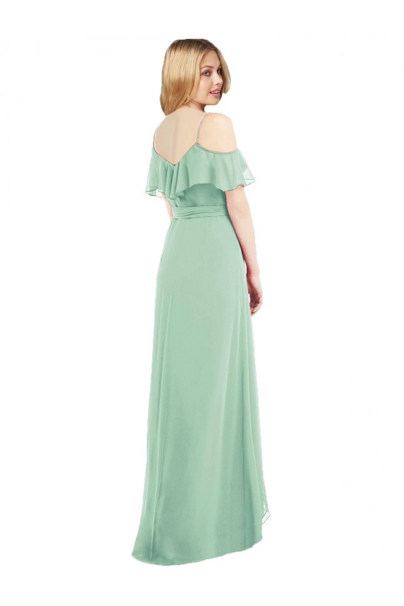 Achat Menthe verte Trompette Bretelles spaghetti Col V Mousseline Longue Asymétrique Robes demoiselle d'honneur