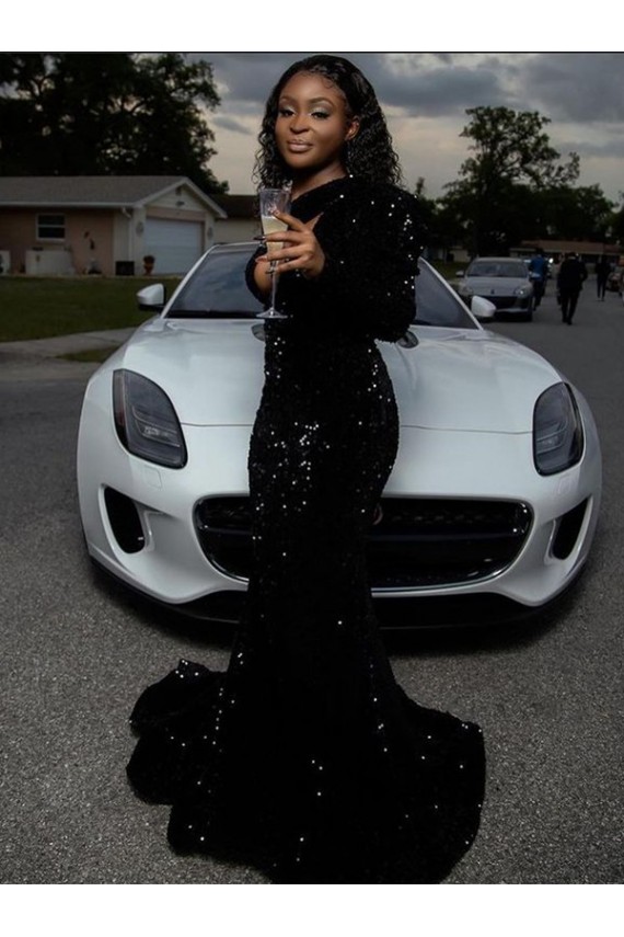 Achat Noir Fourreau Balayage train Paillettes Velours Longue Robes de bal