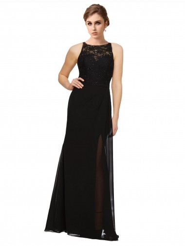 Achat Noir Fourreau Col Haut Mousseline Dentelle Longue Robes demoiselle d'honneur