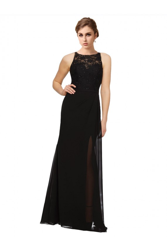 Achat Noir Fourreau Col Haut Mousseline Dentelle Longue Robes demoiselle d'honneur