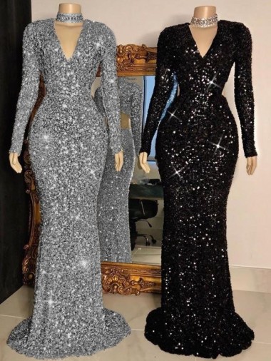 Achat Noir Fourreau Col V Balayage train Paillettes Velours Longue Robes de bal