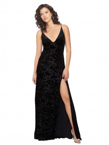 Achat Noir Fourreau Col V Velours Floral Velours Stretch Longue Robes demoiselle d'honneur