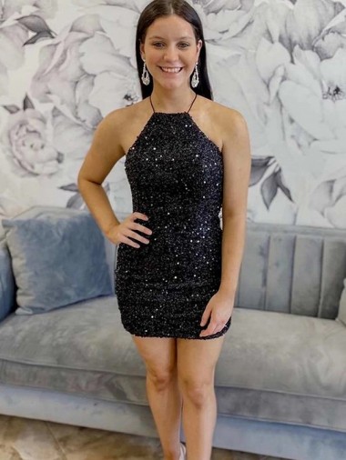 Achat Noir Fourreau Licou Courte Paillettes Velours Courte Robes de bal