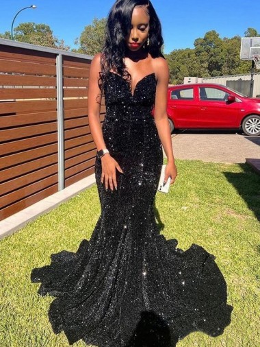 Achat Noir Sirène Paillettes Velours Longue Robes de bal
