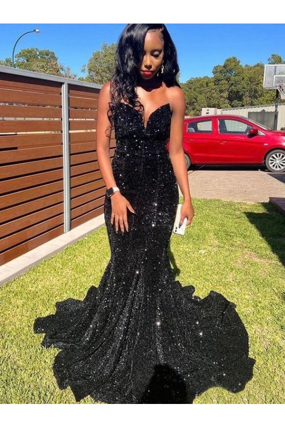 Achat Noir Sirène Paillettes Velours Longue Robes de bal