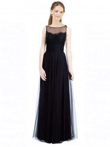 Achat Noir Trapèze Bateau Illusion Tulle Dentelle Longue Robes demoiselle d'honneur