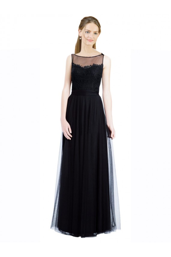 Achat Noir Trapèze Bateau Illusion Tulle Dentelle Longue Robes demoiselle d'honneur