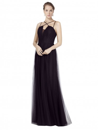 Achat Noir Trapèze Bretelles spaghetti Col Haut Tulle Longue Robes demoiselle d'honneur