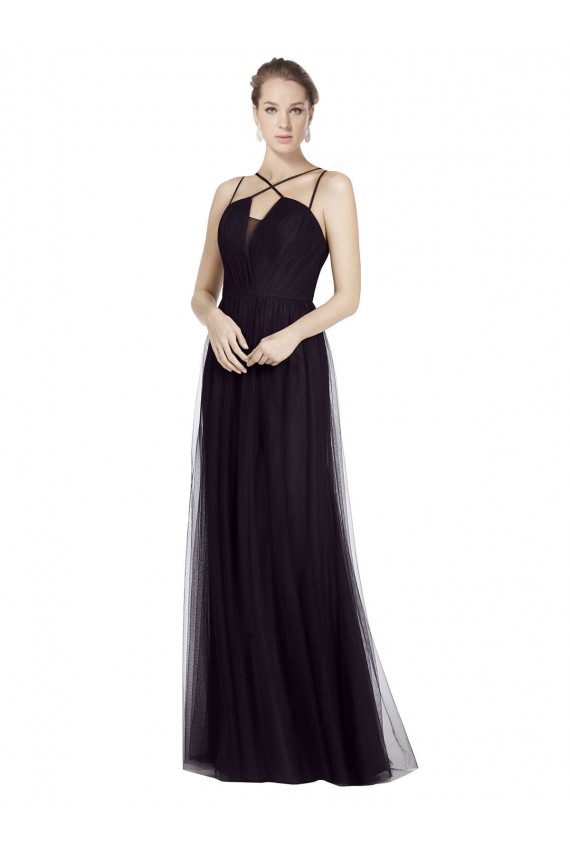 Achat Noir Trapèze Bretelles spaghetti Col Haut Tulle Longue Robes demoiselle d'honneur
