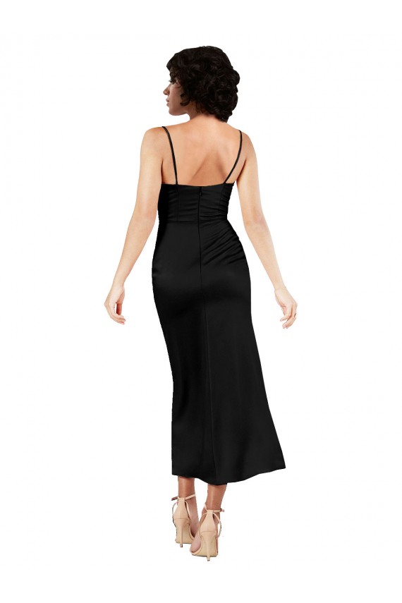 Achat Noir Trapèze Bretelles spaghetti Satiné Soyeux Courte Robes demoiselle d'honneur / Robes de soirée / Robes de cocktail