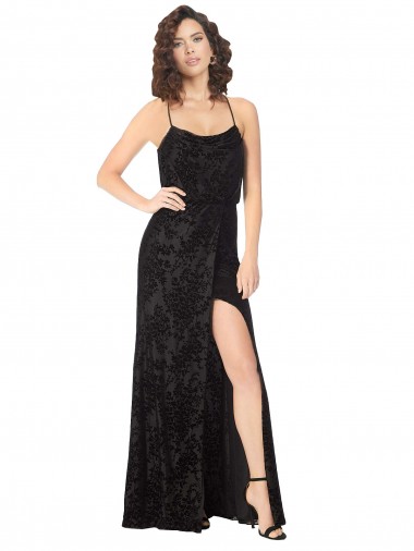 Achat Noir Trapèze Bretelles spaghetti Velours Floral Velours Stretch Longue Robes demoiselle d'honneur