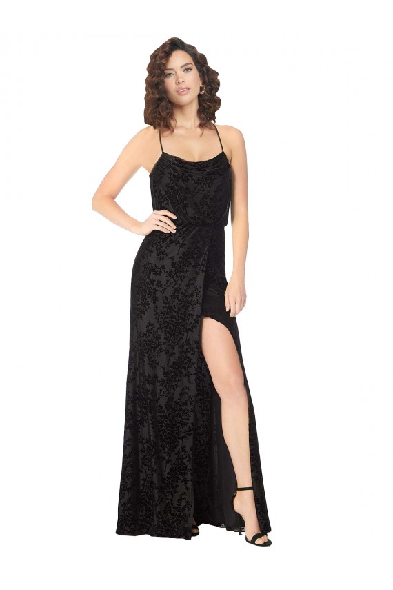 Achat Noir Trapèze Bretelles spaghetti Velours Floral Velours Stretch Longue Robes demoiselle d'honneur