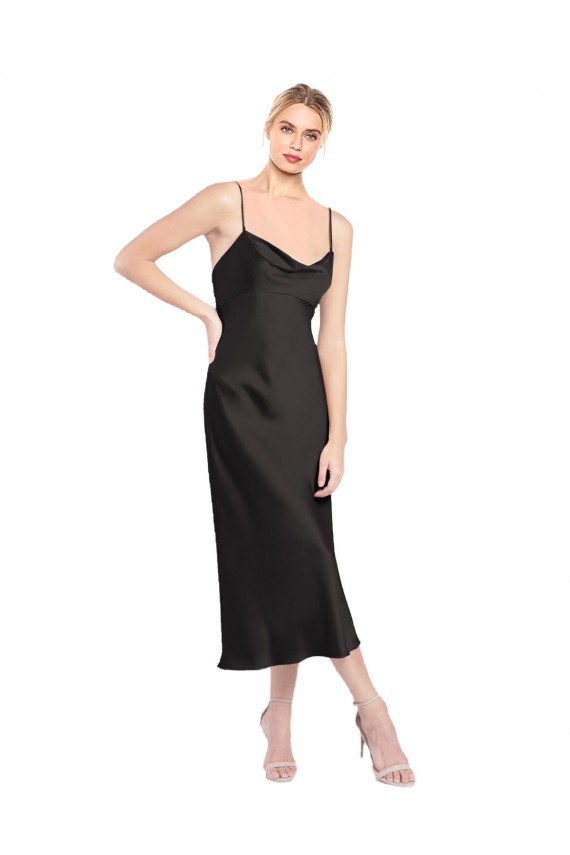 Achat Noir Trapèze Bretelles spaghetti midi Satiné Stretch Courte Robes demoiselle d'honneur / Robes de soirée / Robes de cocktail