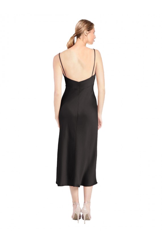 Achat Noir Trapèze Bretelles spaghetti midi Satiné Stretch Courte Robes demoiselle d'honneur / Robes de soirée / Robes de cocktail