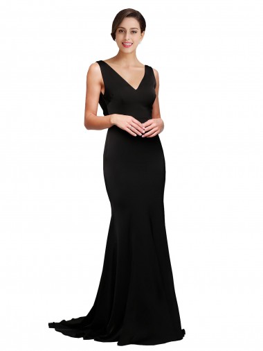 Achat Noir Trapèze Col V Balayage train Satiné Soyeux Longue Formelles Robes demoiselle d'honneur / Robes de soirée / Robes de bal