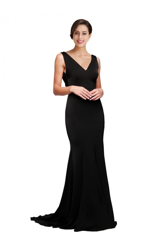 Achat Noir Trapèze Col V Balayage train Satiné Soyeux Longue Formelles Robes demoiselle d'honneur / Robes de soirée / Robes de bal