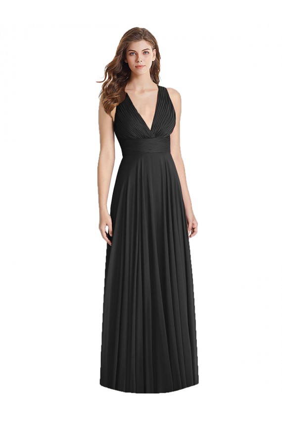 Achat Noir Trapèze Col V Mousseline Longue Robes demoiselle d'honneur