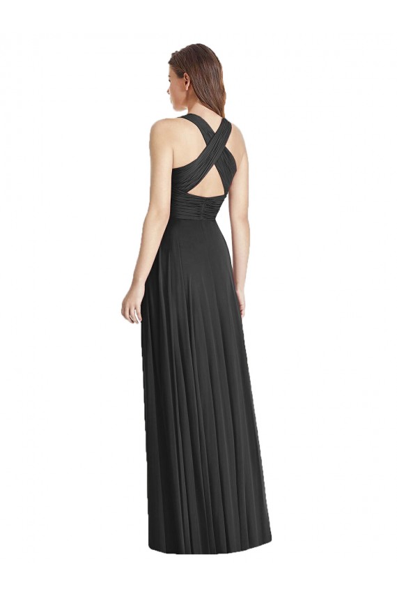 Achat Noir Trapèze Col V Mousseline Longue Robes demoiselle d'honneur
