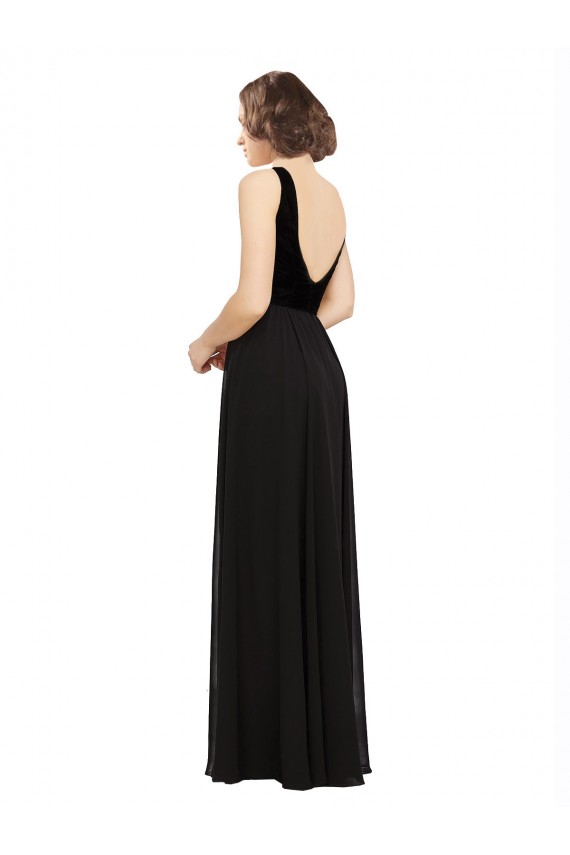 Achat Noir Trapèze Col V Mousseline Velours Longue Robes demoiselle d'honneur / Robes de bal