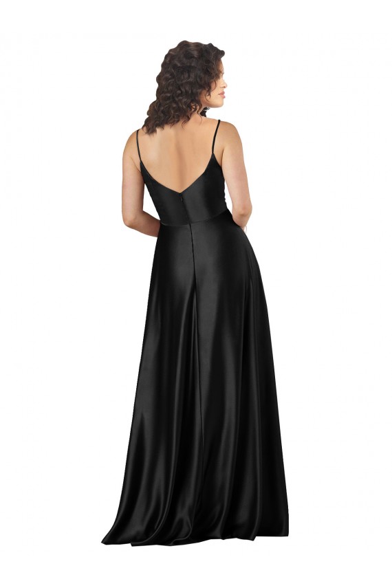 Achat Noir Trapèze Col V Satiné Soyeux Longue Formelles Robes demoiselle d'honneur / Robes de soirée / Robes de bal