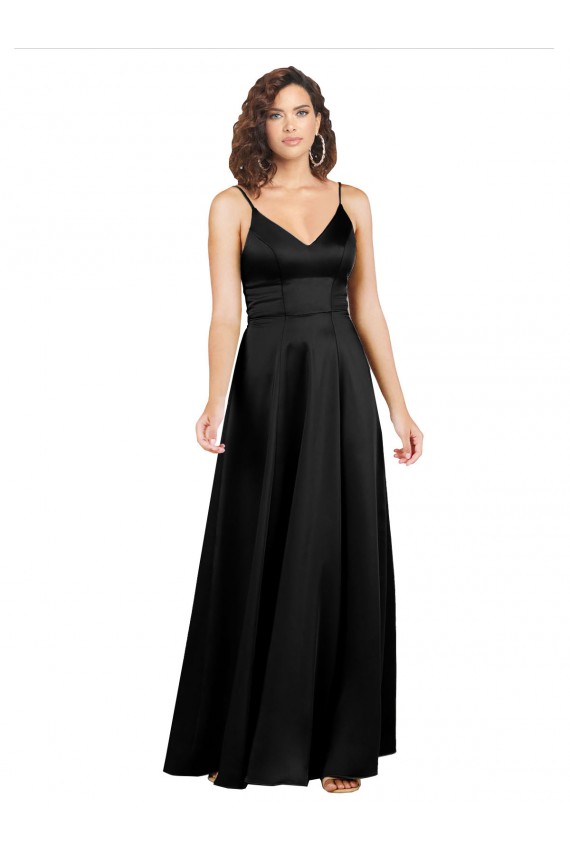 Achat Noir Trapèze Col V Satiné Soyeux Longue Formelles Robes demoiselle d'honneur / Robes de soirée / Robes de bal