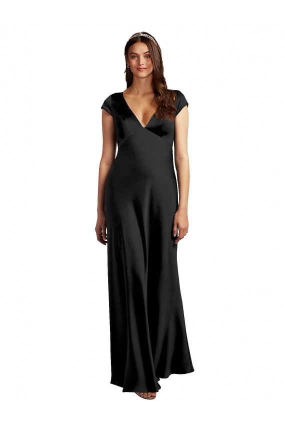 Achat Noir Trapèze Col V Satiné Stretch Longue Formelles Robes demoiselle d'honneur / Robes de soirée / Robes de bal