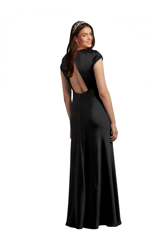 Achat Noir Trapèze Col V Satiné Stretch Longue Formelles Robes demoiselle d'honneur / Robes de soirée / Robes de bal