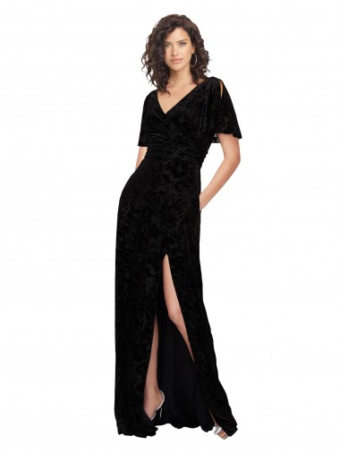 Achat Noir Trapèze Col V Velours Floral Velours Stretch Longue Robes demoiselle d'honneur