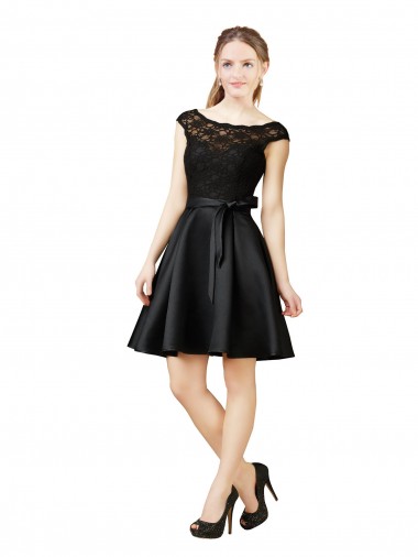 Achat Noir Trapèze Illusion Satiné Dentelle Courte Robes demoiselle d'honneur / Robes de cocktail