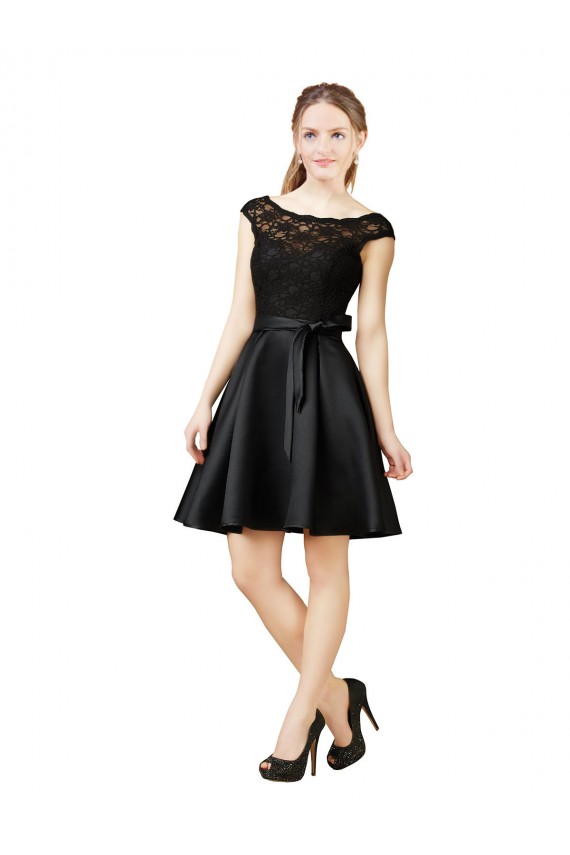 Achat Noir Trapèze Illusion Satiné Dentelle Courte Robes demoiselle d'honneur / Robes de cocktail