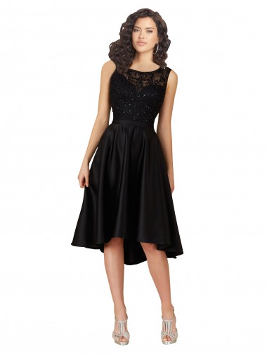 Achat Noir Trapèze Illusion midi Satiné Dentelle Courte Asymétrique Robes demoiselle d'honneur / Robes de cocktail