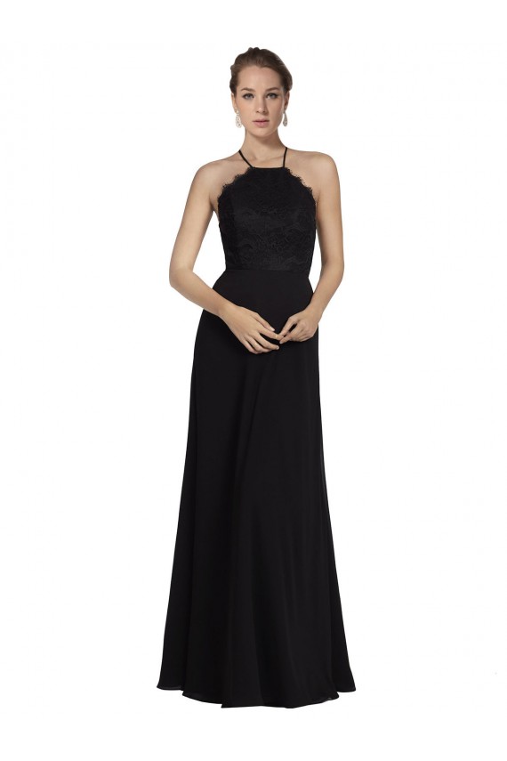 Achat Noir Trapèze Licou Mousseline Dentelle Longue Robes demoiselle d'honneur