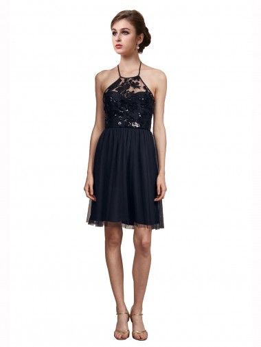Achat Noir Trapèze Licou Tulle Courte Robes demoiselle d'honneur