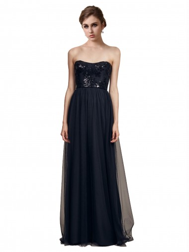 Achat Noir Trapèze Sans bretelle Tulle Longue Robes demoiselle d'honneur